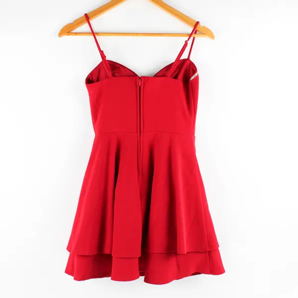 City Studio Women's 1/2 Red  Rhinestone Trim Spaghetti Strap Short Ruffled Dress