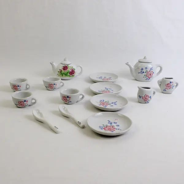 Vintage Child's China Tea Set, 14 Miniature Pcs. with Flowers Design Ting Sing