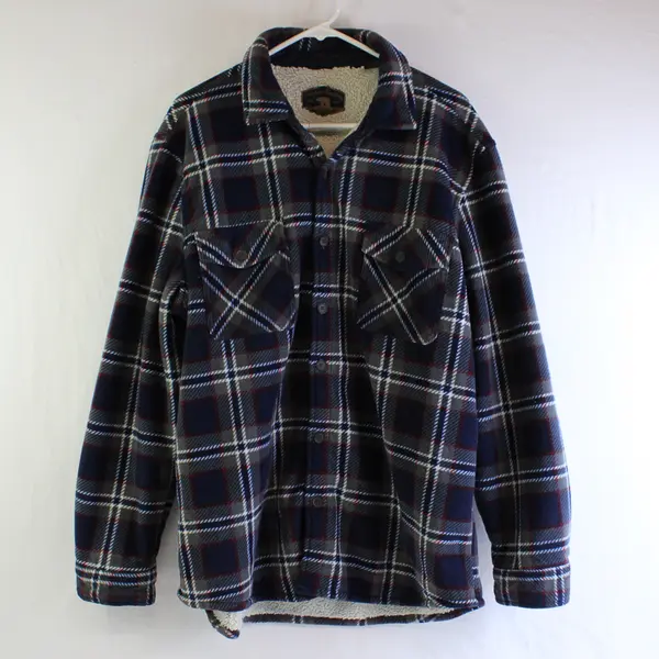 Freedom Foundry Men's XL Blue Plaid /Tan Sherpa Lined Button Up Fleece Jacket