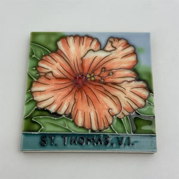 St Thomas US Virgin Islands Hibiscus Ceramic Tile Trivet Coaster Travel Souvenir