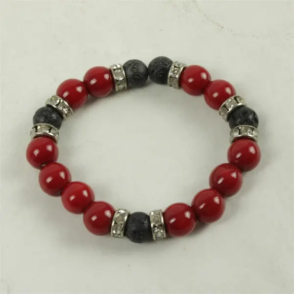 Black Lava & Red Magnesite Stretch Bracelet w/ Rhinestone Spacers