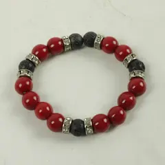 Black Lava & Red Magnesite Stretch Bracelet w/ Rhinestone Spacers