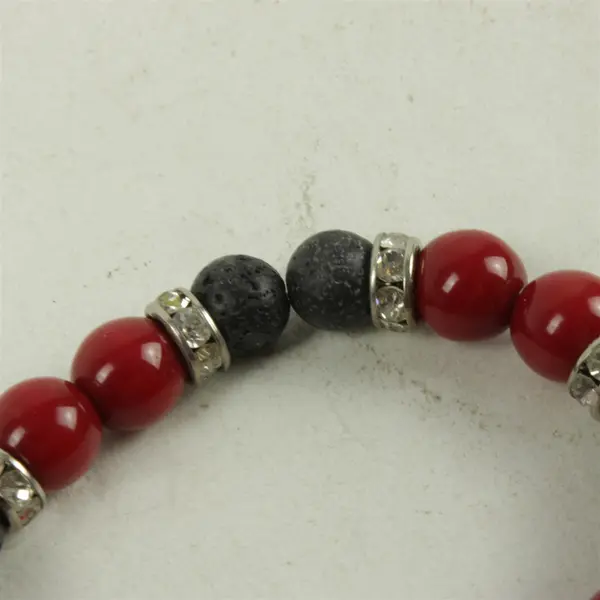 Black Lava & Red Magnesite Stretch Bracelet w/ Rhinestone Spacers