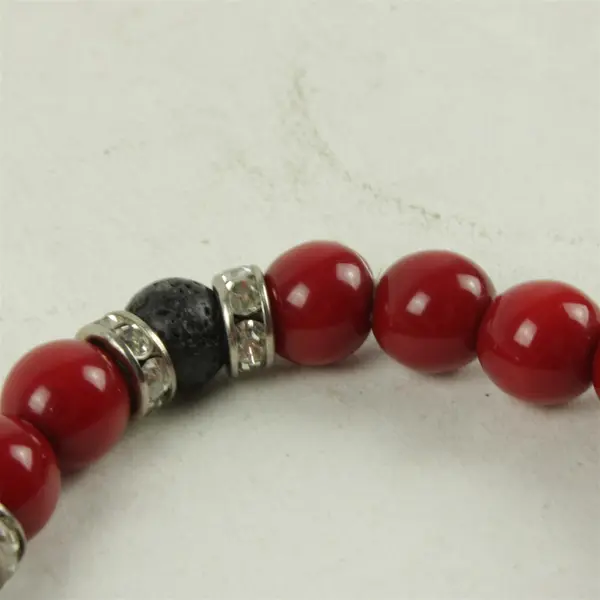 Black Lava & Red Magnesite Stretch Bracelet w/ Rhinestone Spacers