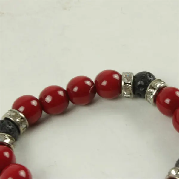 Black Lava & Red Magnesite Stretch Bracelet w/ Rhinestone Spacers