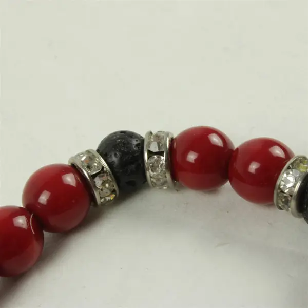 Black Lava & Red Magnesite Stretch Bracelet w/ Rhinestone Spacers