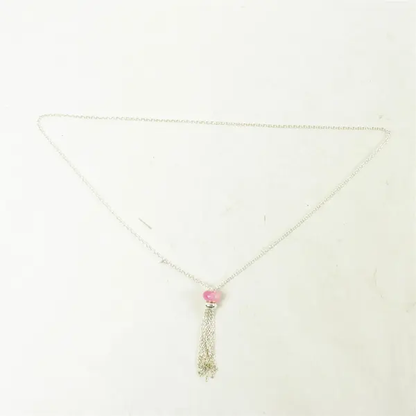 14" Silver Tone Necklace Pink Gemstone Tassel Pendant 