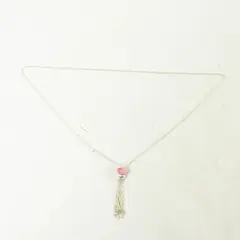 14" Silver Tone Necklace Pink Gemstone Tassel Pendant 