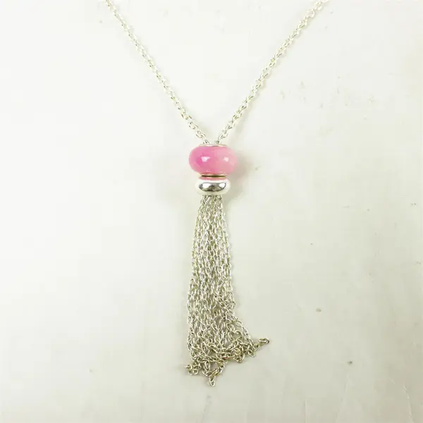 14" Silver Tone Necklace Pink Gemstone Tassel Pendant 
