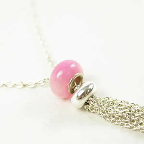 14" Silver Tone Necklace Pink Gemstone Tassel Pendant 