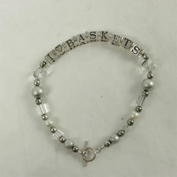 I Love Baskets Silver & White Beaded 8" Handcrafted Bracelet