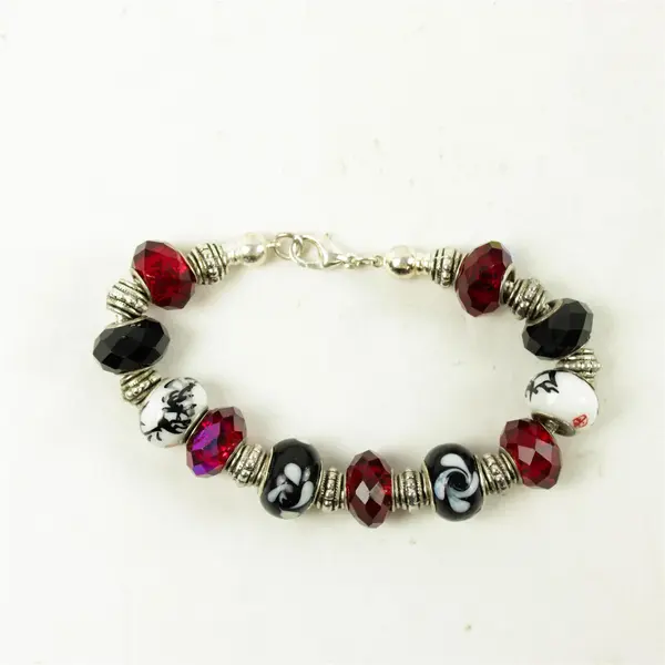 7" Glass & Metal Bead Bracelet Silver Red Black White