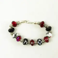 7" Glass & Metal Bead Bracelet Silver Red Black White