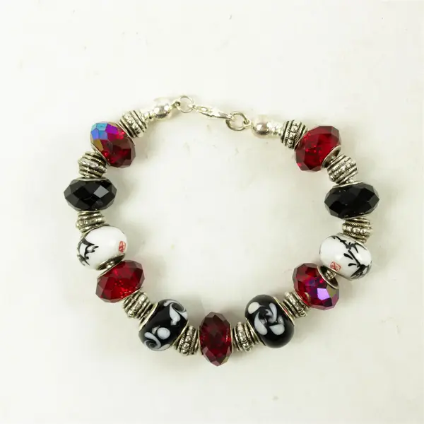7" Glass & Metal Bead Bracelet Silver Red Black White