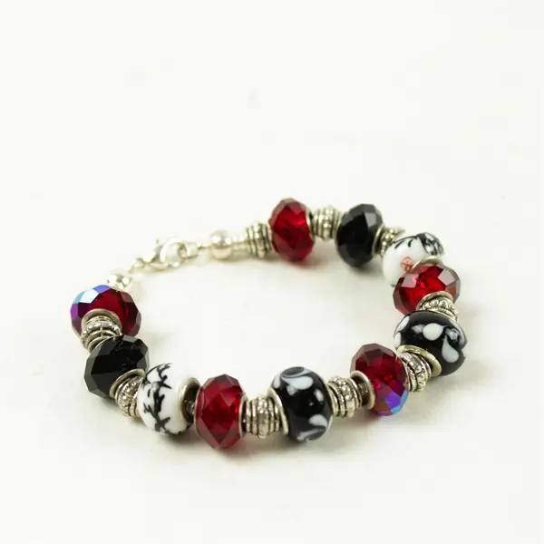 7" Glass & Metal Bead Bracelet Silver Red Black White