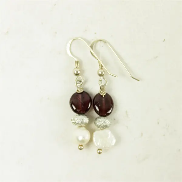 Faux Pearl Dangle Earrings w/ Synthetic Garnet Gemstones