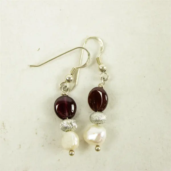 Faux Pearl Dangle Earrings w/ Synthetic Garnet Gemstones