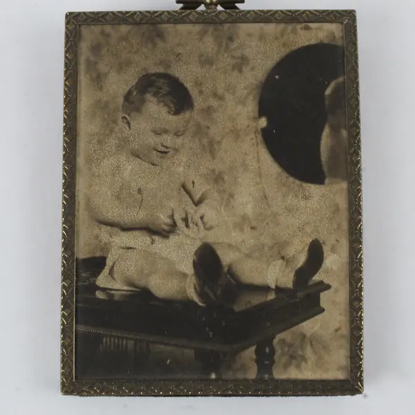 Vintage Damaged Creepy Framed Photo Portrait Baby On Table