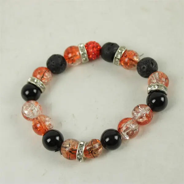 Beaded Stretch Bracelet Black Lava Rock Orange Stone Clear Crystal Silver-Tone