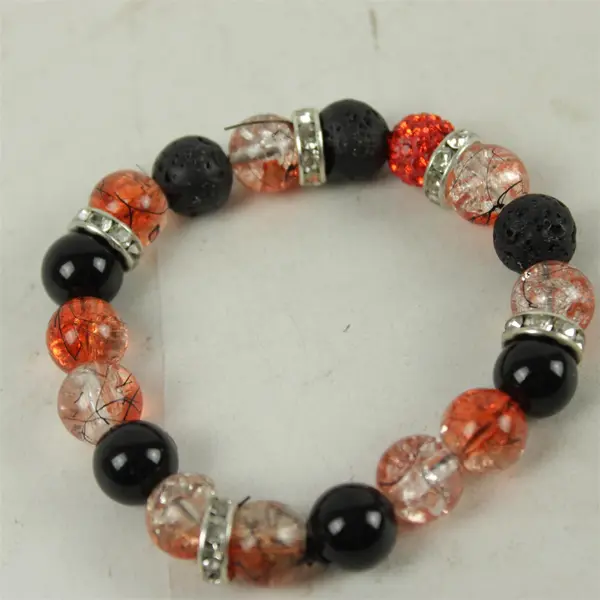 Beaded Stretch Bracelet Black Lava Rock Orange Stone Clear Crystal Silver-Tone
