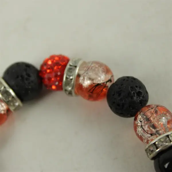 Beaded Stretch Bracelet Black Lava Rock Orange Stone Clear Crystal Silver-Tone