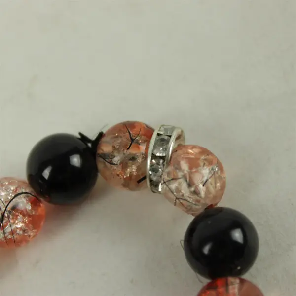 Beaded Stretch Bracelet Black Lava Rock Orange Stone Clear Crystal Silver-Tone