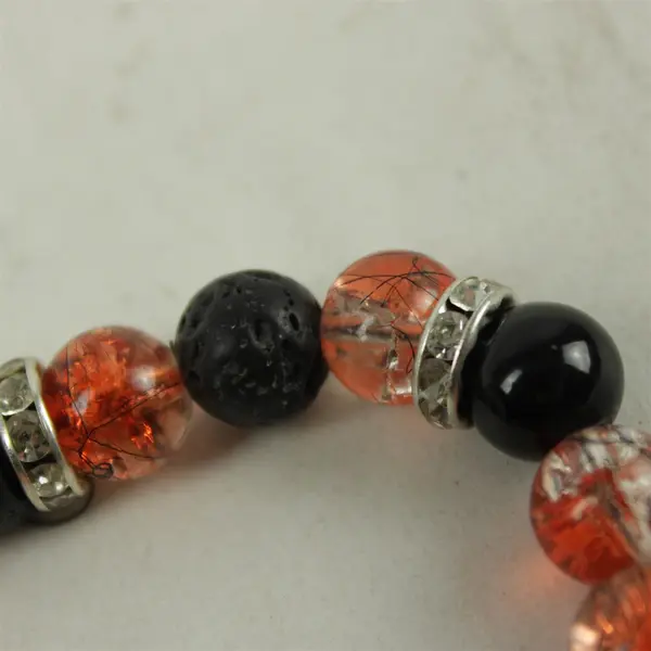 Beaded Stretch Bracelet Black Lava Rock Orange Stone Clear Crystal Silver-Tone
