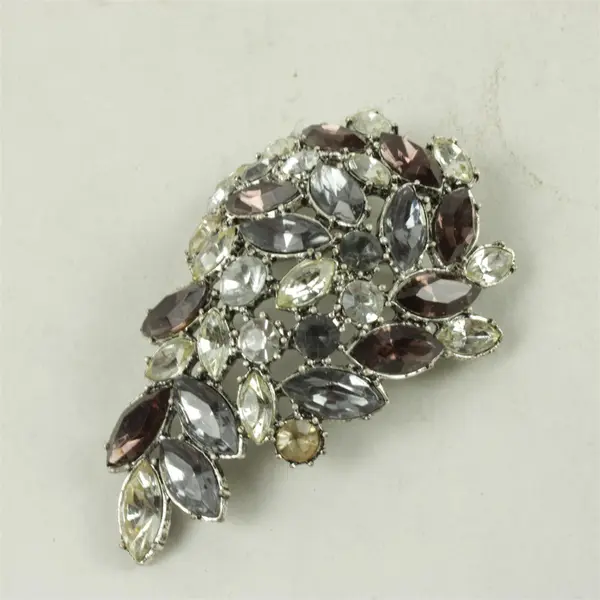 Vintage Rhinestone Brooch Silver-Tone Grey Champagne Clear Stones Pin