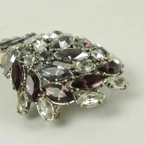 Vintage Rhinestone Brooch Silver-Tone Grey Champagne Clear Stones Pin