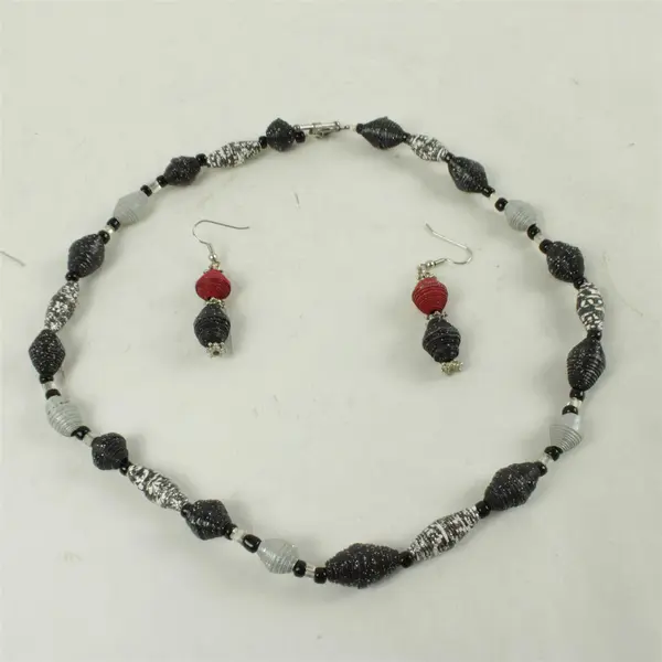 Black White Gray Red Beaded Necklace & Earrings Set Fashion Jewelry