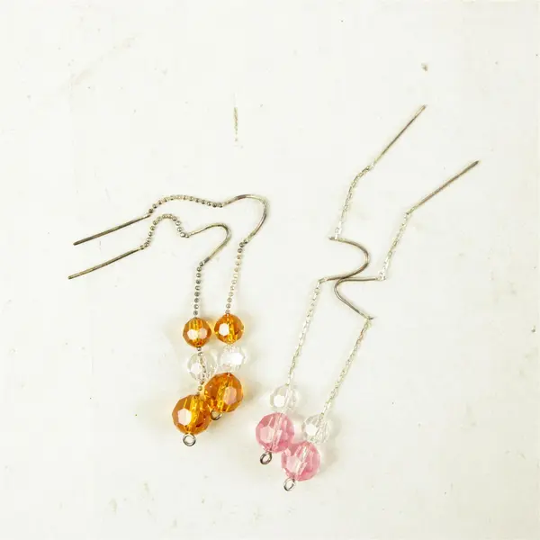 Lot of 2 Pair Dangle Earrings Pink & Orange Beads Silver-Tone Fashion