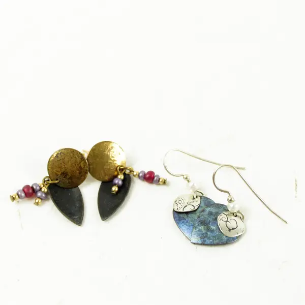 Lot of 2 Pairs Dangle Earrings Silver-Tone Blue Shield & Gold-Tone Purple