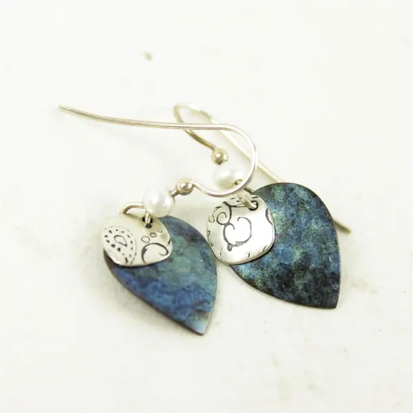 Lot of 2 Pairs Dangle Earrings Silver-Tone Blue Shield & Gold-Tone Purple