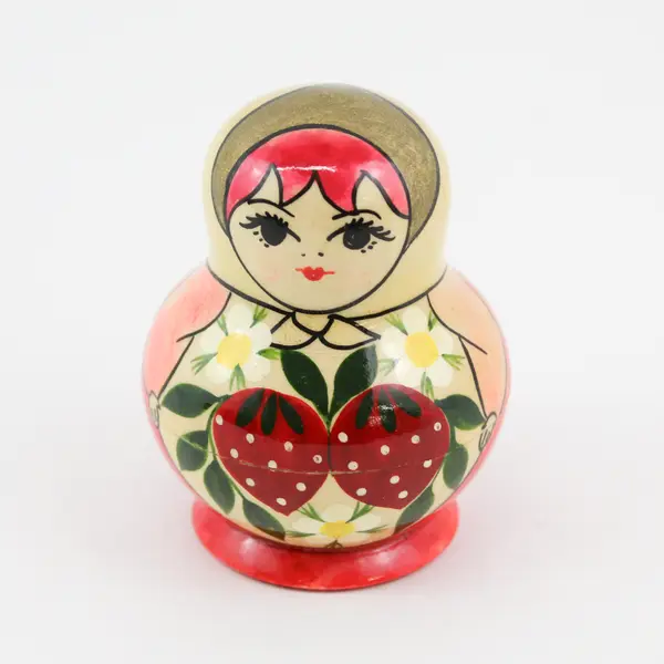 Vtg 5-Piece Wood Hand Painted Russian Nesting Doll Woman w/ Strawberries Flowers