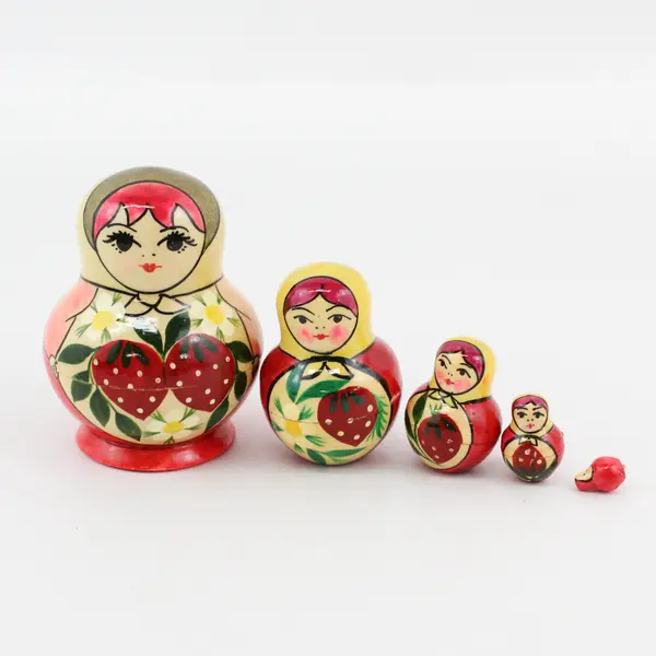 Vtg 5-Piece Wood Hand Painted Russian Nesting Doll Woman w/ Strawberries Flowers