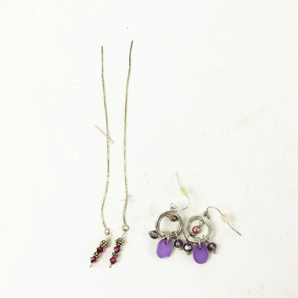 Lot of 2 Pair Silver-Tone Dangle Earrings Purple & Fuchsia