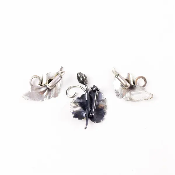 Danecraft Sterling Silver Clip-On Leaf Earrings Vintage w/ Silver-Tone Leaf Pin