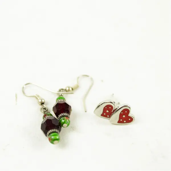 Lot of 2 Pairs Earrings Silver-Tone Studs Red White Enamel Hearts & Red Beads