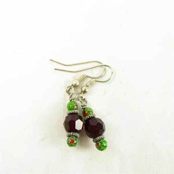 Lot of 2 Pairs Earrings Silver-Tone Studs Red White Enamel Hearts & Red Beads