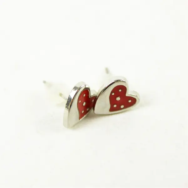Lot of 2 Pairs Earrings Silver-Tone Studs Red White Enamel Hearts & Red Beads