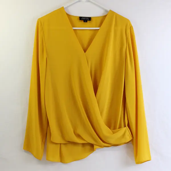 Tahari Women's M Yellow Chiffon Faux Wrap Front Long Sleeve Blouse