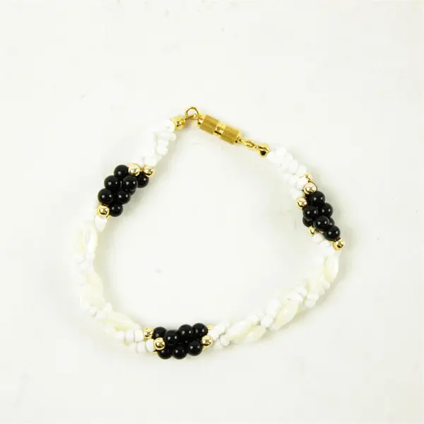 7" Twisted Black & White Beaded Bracelet Gold-Tone Clasp