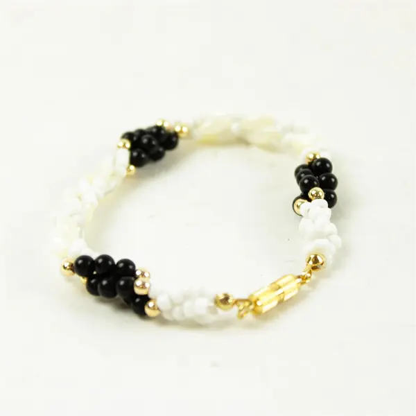 7" Twisted Black & White Beaded Bracelet Gold-Tone Clasp