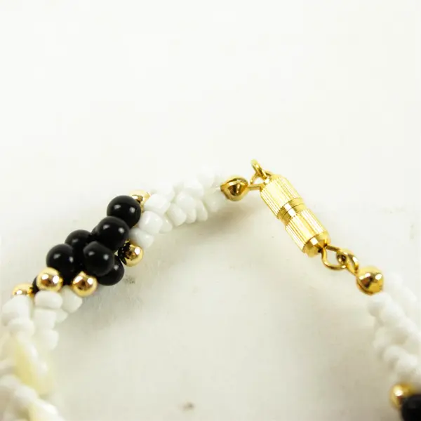7" Twisted Black & White Beaded Bracelet Gold-Tone Clasp