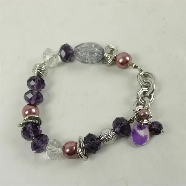 Silver-Tone Stretch Bracelet Smoky Quartz Purple Charm