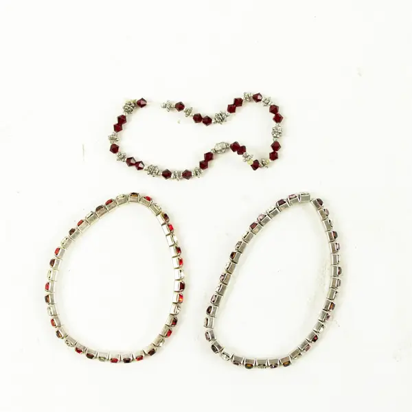 Lot of 3 Stretch Bracelets Red White Pink Synthetic Gemstones Silver-Tone