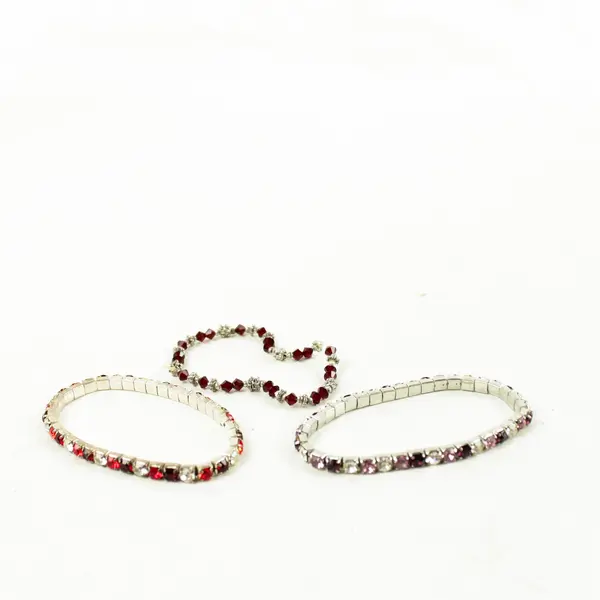 Lot of 3 Stretch Bracelets Red White Pink Synthetic Gemstones Silver-Tone