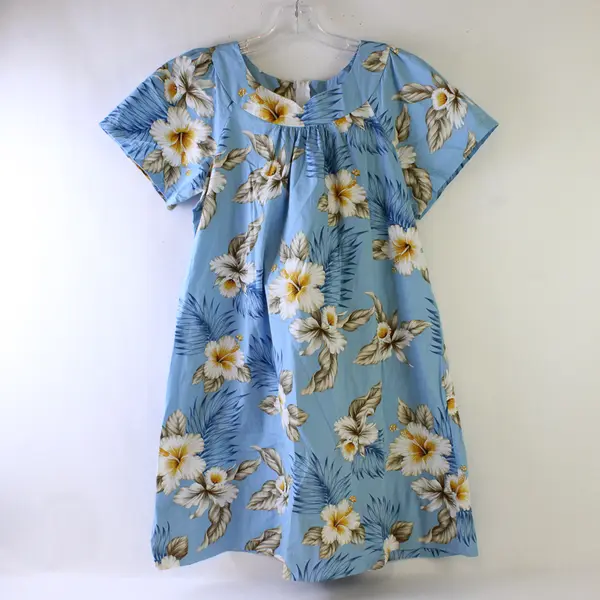 Two Palms Women's M Blue Hibiscus Made in Hawaii Short Sleeve Muumuu Dress