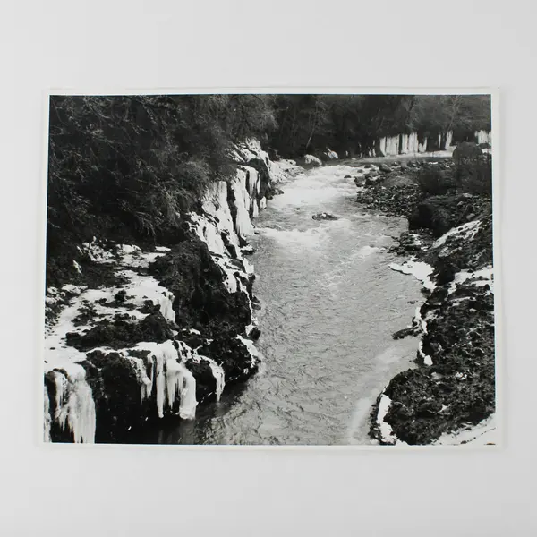 Vintage Black And White Photo River Rapids Icy Waterfalls Pacific Northwest