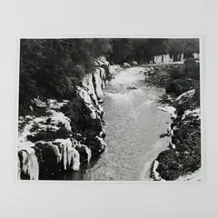 Vintage Black And White Photo River Rapids Icy Waterfalls Pacific Northwest